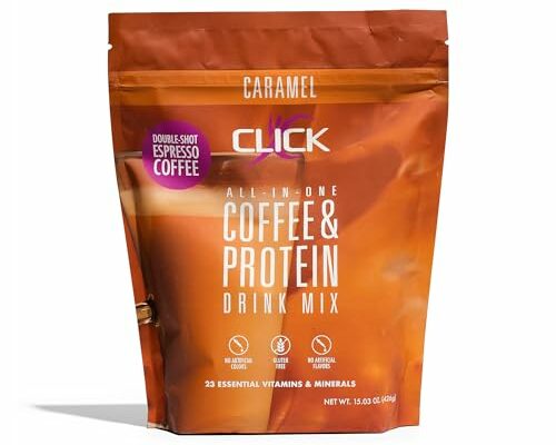 Click Coffee Protein Powder | Double Shot Espresso | 16g Protein | 23 Essential Vitamins | Low Calorie Meal Replacement | 150mg Caffeine | Gluten Free | No Artificial Flavors or Colors | Caramel