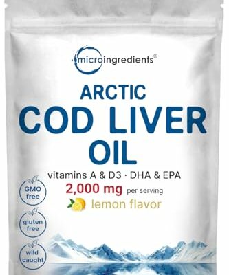 Cod Liver Oil 2,000mg Per Serving, 360 Softgels | Lemon Flavored – Burpless – Wild Caught – Arctic Deep Sea Fish | High in Omega 3, EPA, DHA, Vitamins A, & D3 | Heart, Brain, & Immune Supplement