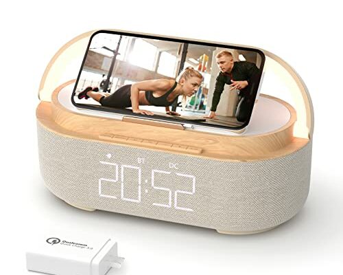 COLSUR Bluetooth Speaker Alarm Clock with Wireless Charger, LED Night Light, 2500mAh Battery - For Bedroom, Home