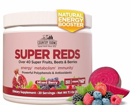 COUNTRY FARMS Super Reds, Energizing Polyphenol Superfood, 48 Super Fruits and Berries, Powerful Antioxidants and Polyphenols, Supports Energy, 20 Servings, Mixed Berry Flavor