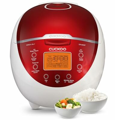 CUCKOO Micom Rice Cooker 6 Cup Uncooked / 12 Cup Cooked, Fuzzy Logic Electric Rice Cooker Small, Sticky Rice Maker with 12 Menu Modes, Nonstick Small Rice Cooker & Steamer, White / Red (CR-0655F)