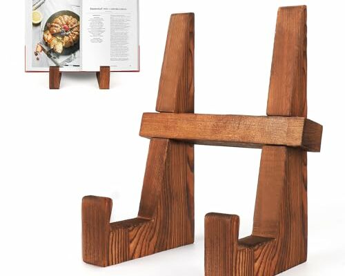 DEBETOOL Cookbook Stand for Kitchen - 8.8 inch Wooden Cookbook Holder for Kitchen Counter, Multifunctional Recipe Book Stand，Rustic Brown Recipe Book Holder Stand