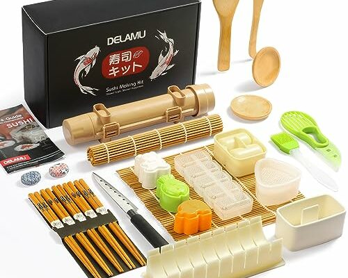 Delamu Sushi Making Kit 27 in 1 [Parent-Child] Sushi Kit, for Beginners/Pros Sushi Makers, with Bamboo Sushi Mats, Sushi Bazooka, Onigiri Mold, Rice Paddle, Sushi Knife, Guide Book & More