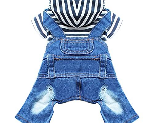 DOGGYZSTYLE Small Dog Hoodie Clothes Cute Stripe Shirts Denim Jumpsuit One-Piece Outfit for Small Medium Dogs Cats Boy Girl Chihuahua Blue Jeans Overalls Puppy Costume (Blue,M)