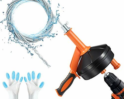 Drain Auger, Breezz Clog Remover with Drill Adapter, 25 Feet Flexible Plumbing Snake Use Manually or Powered for Kitchen,Bathrom and Shower Sink, Comes with Gloves(Orange)