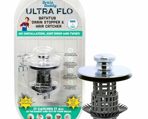 Drain Buddy Ultra Flo No Installation 2 in 1 Clog Preventing Tub Drain Stopper and Hair Catcher for 1 3/8" to 1.5" Bathtubs and Utility Sinks Chrome Metal Cap