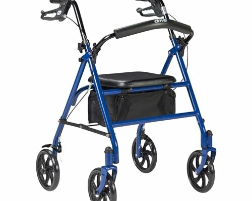 Drive Medical 10257BL-1 4 Wheel Rollator Walker With Seat, Steel Rolling Walker, Height Adjustable, 7.5" Wheels, Removable Back Support, 300 Pound Weight Capacity, Blue