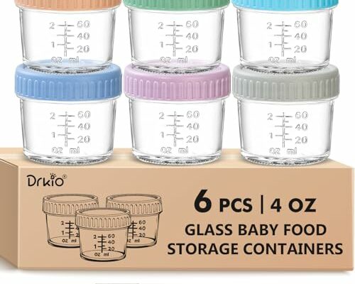 DRKIO 6 Pack Glass Baby Food Storage Containers - 4 Oz Baby Food Jars with Lids Baby Food Maker Microwave Dishwasher Freezer Safe 100% Leak Proof BPA Free Reusable