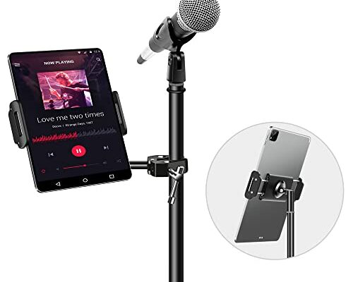 elitehood Aluminum iPad Holder for Mic Stand, Side Mount iPad Music Stand Holder for Microphone, 360° Swivel Tilt Adjustable Mic Stand Tablet Holder for iPad, iPhone and More 4-13in Tablet