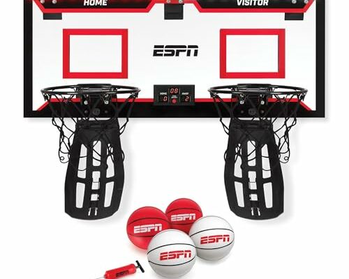 ESPN Mini Basketball Hoop, Over The Door Basketball Hoop with 2 Foldable Breakaway Rims and Ball Return for Two Player Games, Includes 4 Mini Basketballs and Pump