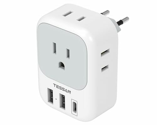 European Travel Plug Adapter USB C, TESSAN International Plug Adapter with 4 AC Outlets and 3 USB Ports, Type C Power Adaptor Charger for US to Most of Europe Iceland Spain Italy France Germany