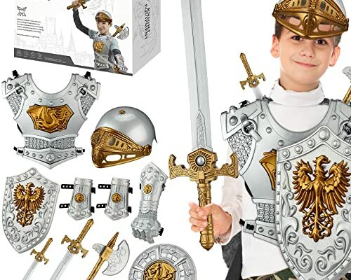 Eurzom 10 Pcs Knight Armor Set for Kids Medieval Knight Costume with Knight Helmet Sword Weapons Accessories for Cosplay Party Dress up