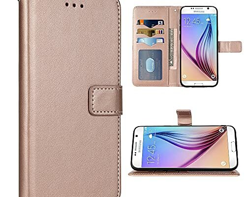 FDCWTSH Compatible with Samsung Galaxy S6 Wallet Case and Wrist Strap Lanyard Leather Flip Cover Card Holder Stand Cell Phone Cases for Glaxay S 6 Gaxaly 6s Galaxies GS6 SM-G920V G920A Rose Gold