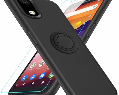 for ZTE Avid 579 Phone Case Z5156CC / Blade A3 Joy/Nubia Blade A5 Plus Phone Case with Glass Screen Protector, 360° Rotatable Ring Holder Kickstand/ Stand Silicone TPU Protective Cover Case - Black