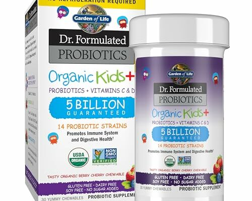 Garden of Life Dr. Formulated Probiotics Organic Kids+ Plus Vitamin C & D - Berry Cherry - Gluten, Dairy & Soy Free Immune & Digestive Health Supplement, No Added Sugar, 30 Chewables (Shelf Stable)