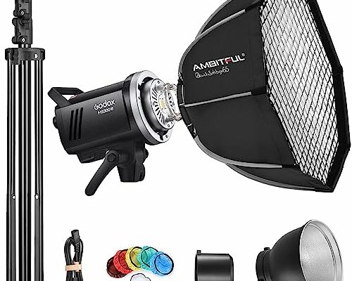 Godox MS300V Strobe Light Kit, 300W Studio Strobe Light, 2.4G Wireless System, Recycle Time 0.1～1.8S, Bowens Mount LED Modeling Lamp with QS65 Quick Installation Softbox + Light Stand