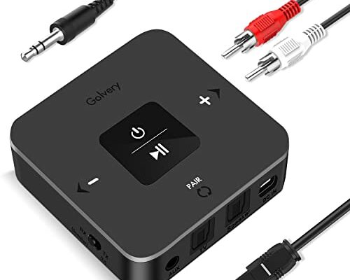 Golvery Bluetooth 5.0 Transmitter Receiver for TV, 2 in 1 Bluetooth Aux Adapter for PC/DVD/MP3/Car/Home Stereo/Speaker/Gym, Optical/RCA/AUX Connection, 25 Hours Playtime, Pair 2 Devices Simultaneously