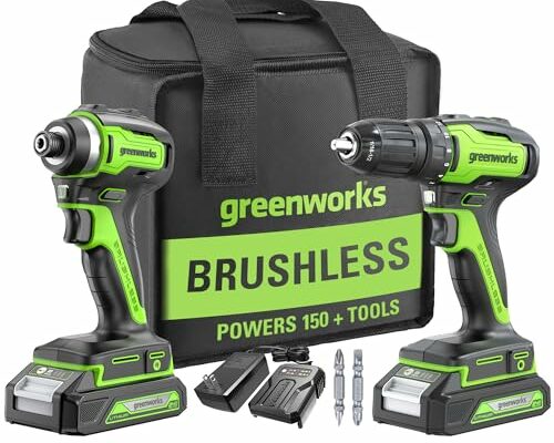 Greenworks 24V Brushless Cordless Drill and Impact Driver,Power Tool Combo Kit Included 1/2”Drill & 1/4”Hex Impact Driver and (2) Batteries, Fast Charger, 2 pcs Drill Bit Set & Bag