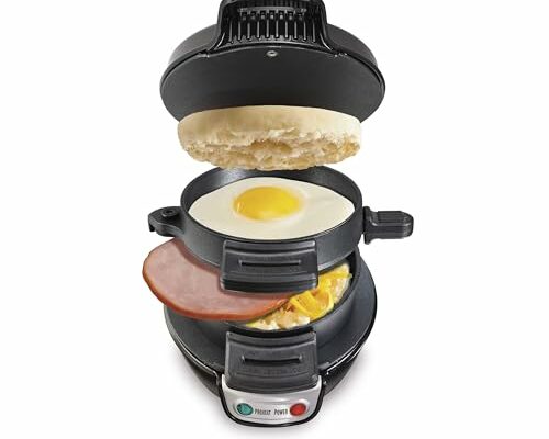 Hamilton Beach Breakfast Sandwich Maker with Egg Cooker Ring, Customize Ingredients, English Muffins, Croissants, Mini Waffles, Perfect White Elephant Gifts, Single, Black