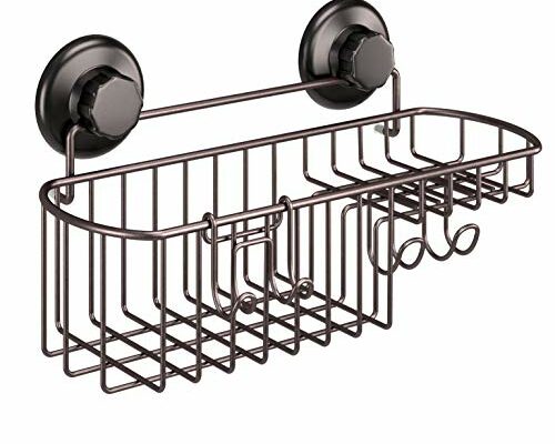 HASKO accessories - Powerful Vacuum Suction Cup Shower Caddy Basket for Shampoo - Combo Organizer Basket with Soap Holder and Hooks - Stainless Steel Holder for Bathroom Storage (Bronze)