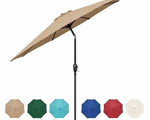 HealSmart 9ft Patio Umbrella with Push Button Tilt/Crank, Outdoor Table Market Yard Umbrella with 8 Sturdy Ribs for Garden, Backyard, Deck, Pool, Tan