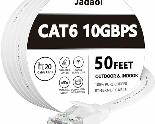 Jadaol Cat 6 Ethernet Cable 50 ft, Outdoor&Indoor 10Gbps Support Cat8 Cat7 Network, Flat Fast Speed RJ45 Internet LAN Computer Solid Patch Cord with Clips for Router, Modem, PS4/5, Xbox, Gaming, White