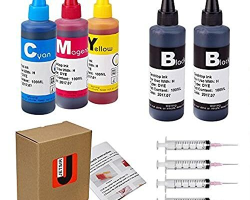 JETSIR 4 Color Ink Refill kit for HP 950 951 932 933 60 61 952 902 901 62 63 21 22 920 940 934 564 711 970 971 94 95 96 Ink Cartridge (2 Black 1 Cyan 1 Magenta 1 Yellow) 100ML x5 Bottle with Syringe