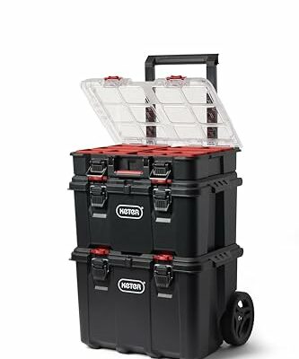 Keter Stack-n-Roll Modular Tools Organizer for Garage Storage and DIY, 3 Piece Resin Rolling Tool Box System for Small Parts, Black