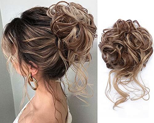 KETHBE Messy Bun Hair Piece Tousled Updo Hair Buns Extension Elastic Hair Band Hair Pieces Curly Hair Bun Scrunchie For Women (Brown Mix Ash Blonde)