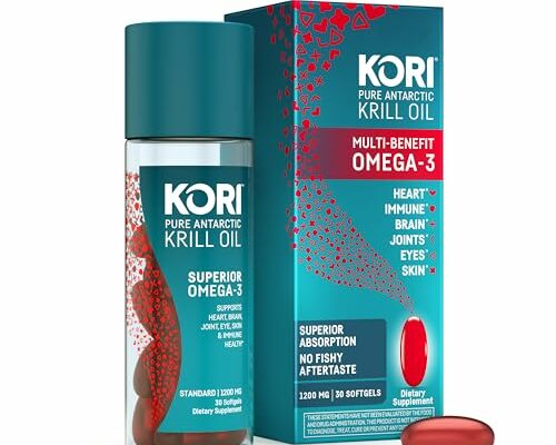 Kori Krill Oil Omega 3 Supplement, Antarctic Krill Oil with Superior Absorption vs Fish Oil, Krill Oil 1200mg Softgels, 30 Softgels, EPA & DHA