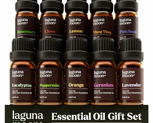 Lagunamoon 10-Pack Organic Essential Oils Set, 10mL, Top 10 Scents for Aromatherapy, Massage, Candle Making, Soap Scents, Office, Skin & Hair Care