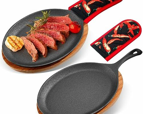 Lallisa 2 Sets Cast Iron Fajita Plate Set Fajita Plate Sizzler Pan with Wooden Tray Anti Scald Protection Hot Mitt Cast Iron Skillet Set for Home Barbeque Kitchen Party Restaurant Catering Service