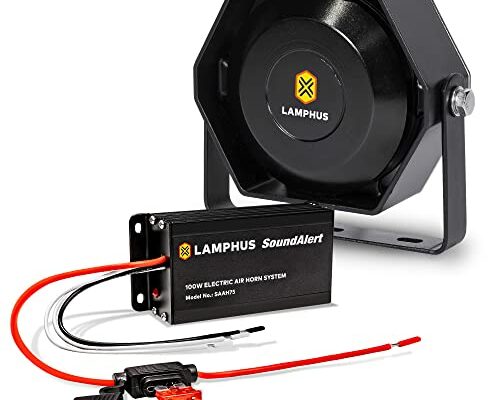 LAMPHUS SoundAlert 100W Police Air Horn Amplifier Kit [118-124 dB Slim Speaker] [Manual Control or Stock Horn Bybass] [10 A Fuse Protected] Electronic Air Horn for Emergency Vehicles Trucks Cars