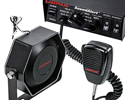 LAMPHUS SoundAlert 12V 100W Police Siren PA System Kit [Slim Speaker] [118-124dB] [Handheld Microphone] [Hands-Free] Warning Emergency Siren for Vehicles Tow Truck UTV ATV Van Car POV RV