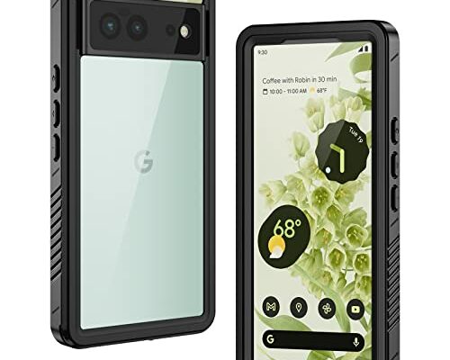 Lanhiem for Google Pixel 6 Case, IP68 Waterproof Dustproof with Built-in Screen Protector, Heavy Duty Full Body Protective Phone Case for Pixel 6, Black/Clear