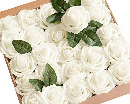 Ling's Moment Artificial Flowers 50Pcs Ivory Roses Decor w/Stems,3" Real Touch DIY Foam Floral for Wedding Bouquet/Centerpieces, Outdoors Party Backdrop, Room/Table, and Garden/Pot Decorations