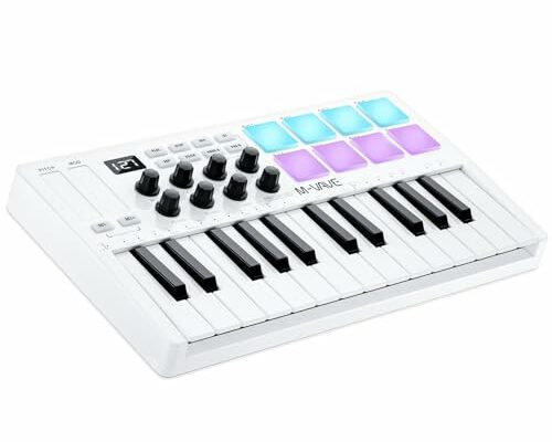 M-WAVE 25 Key USB MIDI Keyboard Controller With 8 Backlit Drum Pads, Bluetooth Semi Weighted Professional dynamic keybed 8 Knobs and Music Production,Software Included (White)