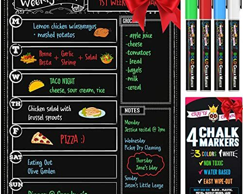 Magnetic Dry Erase Menu Board for Fridge Includes 4 Liquid Chalk Markers - Weekly Meal Planner Blackboard, Grocery List and Notepad for Kitchen Refrigerator - Chalkboard Magnet