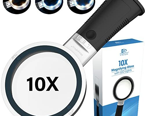 MagniPros Extra Large 10X Magnifying Glass with Detachable Lenses- 3 Color Modes with Self-Standing Non-Slip Ergonomic Handle for Hobbyists, AMD, Reading Fine Print, Seniors