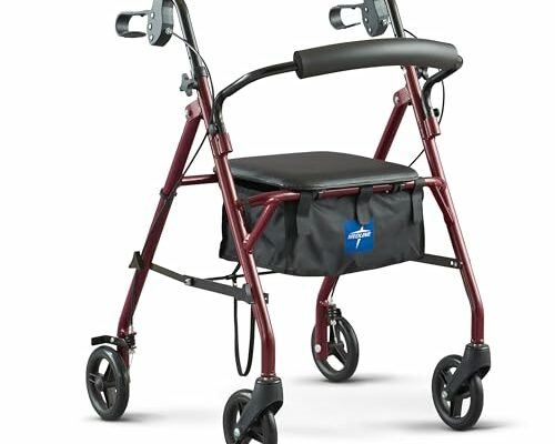 Medline Steel Rollator Walker with Seat, Burgundy, 350 lb. Weight Capacity, 6” Wheels, Foldable, Adjustable Handles, Rolling Walker for Seniors, Walker for Mobility Impaired