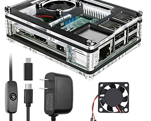 Miuzei Raspberry Pi 3 B+ Case with Fan Cooling Pi 3B Case with 3 Pcs Heat-Sinks 5V 3A Power Supply for Raspberry Pi 3 B+ (B Plus) 3B (No Raspberry Pi Board)