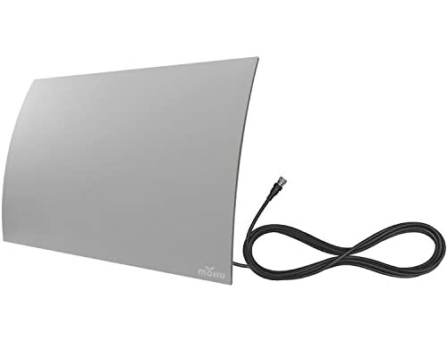 Mohu Gateway Indoor TV Antenna, Modern Curve Design, 40-Mile Range, UHF VHF, Multi-Directional, 4K UHD, NEXTGEN TV - w/Base Stand, 10ft. Cable (Grey)