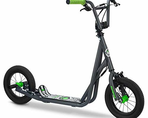 Mongoose Expo Kick Scooter, BMX-Style Handlebar & Brake Cable Rotor, For Riders Ages 6 and Up, Rear Axle Pegs, 12-Inch Air Tires, Max. Weight of 175 lbs., Green/Grey