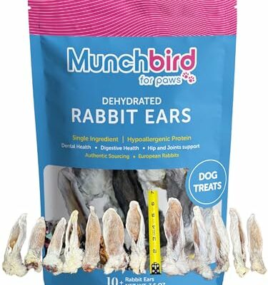 Munchbird Dehydrated Rabbit Ears 100g (3.5 oz) 12-15 pcs for Dogs & Cats, European Furry Rabbit Ear Natural Fiber for Dogs, Rawhide Free Alternative to Pig Ears for Dogs, Ear Size Varies