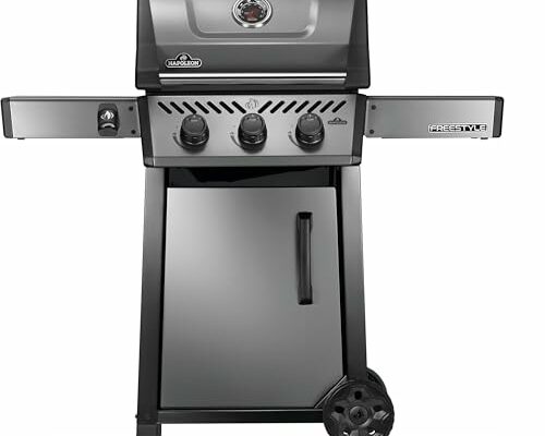 Napoleon Freestyle 365 Propane Gas BBQ Grill - F365DPGT - Barbecue Gas Cart, With 3 Burners, Folding Side Shelves, Instant Failsafe Ignition, Porcelain Coated Cast Iron Cooking Grids