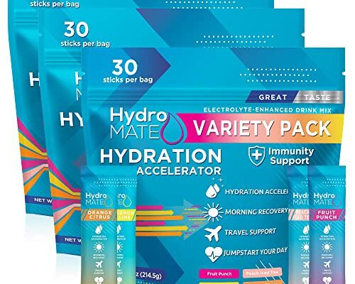 NatureWorks HydroMATE Electrolytes Powder Drink Mix Packets Hydration Accelerator Low Sugar Rapid Party Relief Plus Vitamin C Variety Pack 90 Count