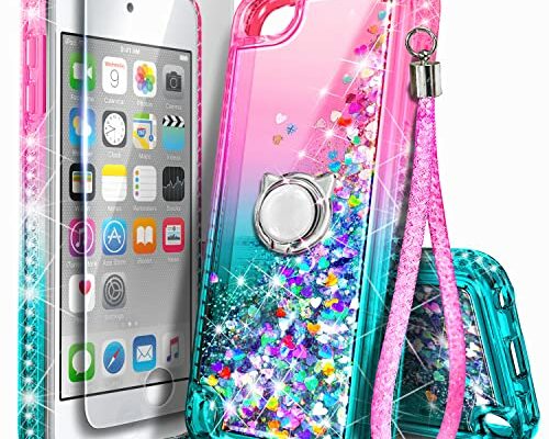 NGB iPod Touch 7 Case, iPod Touch 6/5 Case with HD Screen Protector and Ring Holder for Girls Women Kids, Glitter Liquid Soft TPU Clear Cute Case for Apple iPod Touch 7th/6th/5th Generation -Pink/Aqua