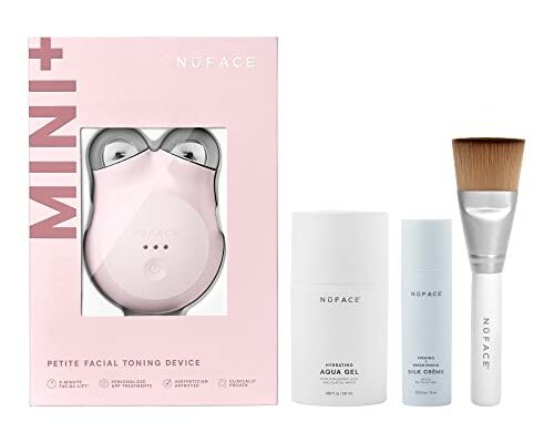 NuFACE Mini+ Microcurrent Facial Device Kit - FDA Cleared Face Sculpting & Skin Tightening Device to Contour, Lift & Tone + Microcurrent Gel Activator, Silk Crème & Applicator Brush - Sandy Rose