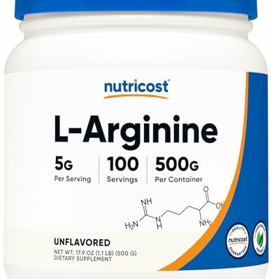 Nutricost L-Arginine Powder 500 Grams (1.1lbs) - Pure L-Arginine Powder - 5000mg Per Serving; 100 Servings