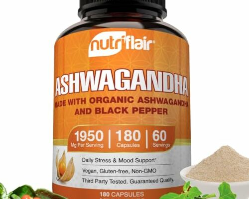 NutriFlair Organic Ashwagandha Root Extract 1950mg, 180 Capsules - with Organic Black Pepper - Stress and Mood Support - Powerful Adaptogenic Benefits and Overall Health - Made in USA